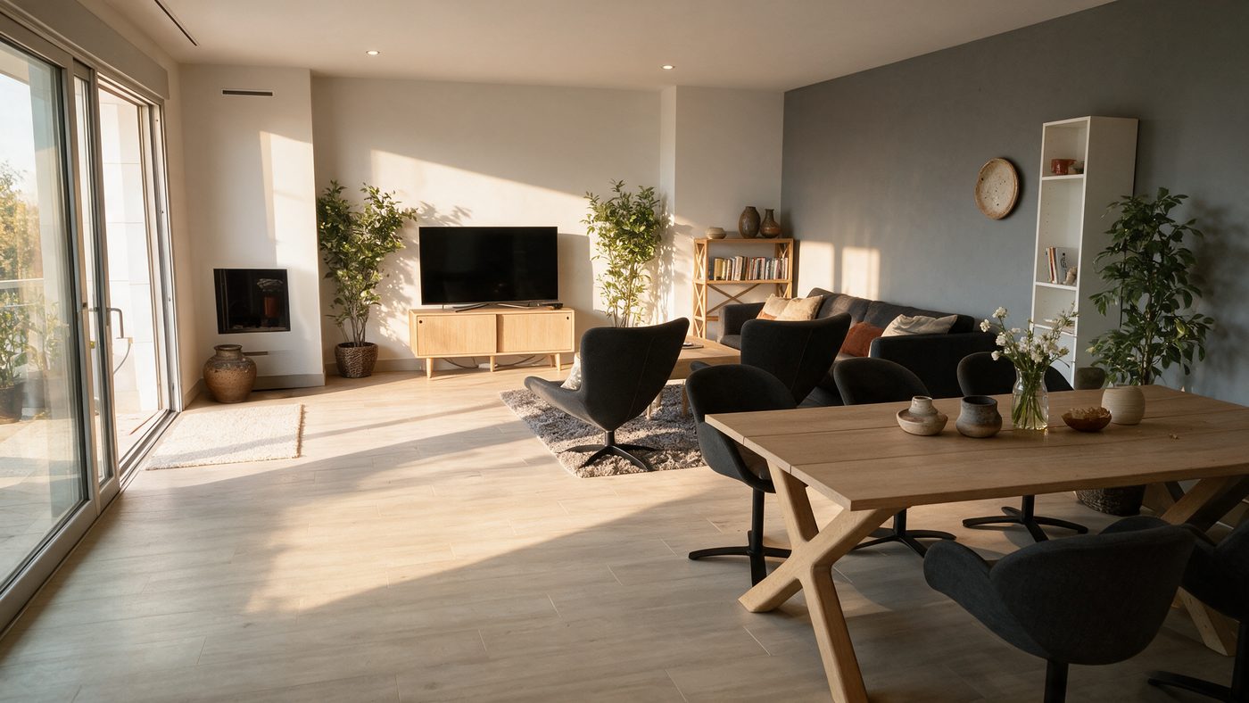 The living room in afternoon sun, fireplace, tiled floor and the terrace doors open to the west