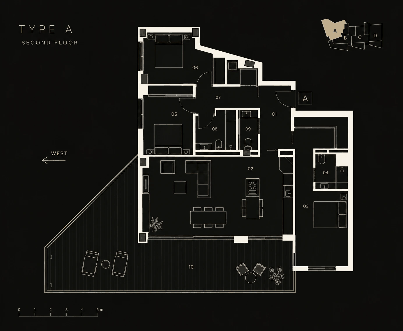 Floor plan of apartment 2A, type A, second floor: entrance hall, one room for living, dining and kitchen, three bedrooms, two bathrooms, a separate WC, hall with laundry, and a covered terrace along the west and south sides.