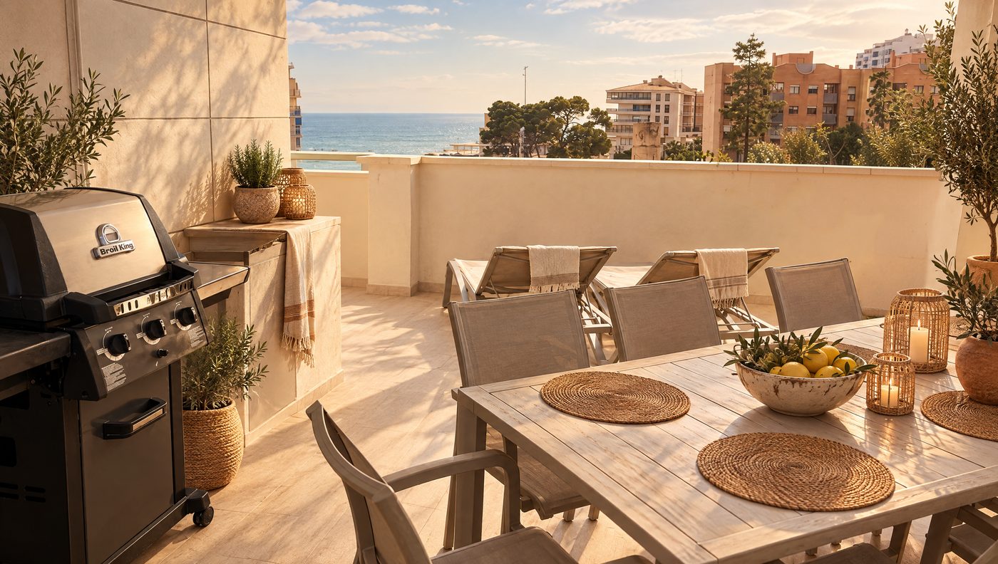 The terrace set for dinner, grill to one side and the sea beyond
